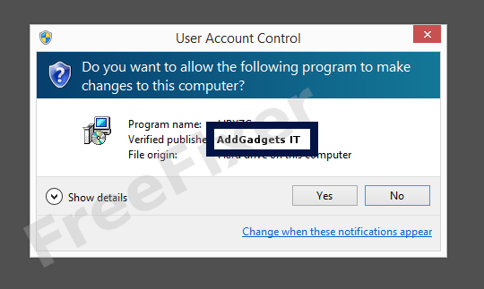 Screenshot where AddGadgets IT appears as the verified publisher in the UAC dialog